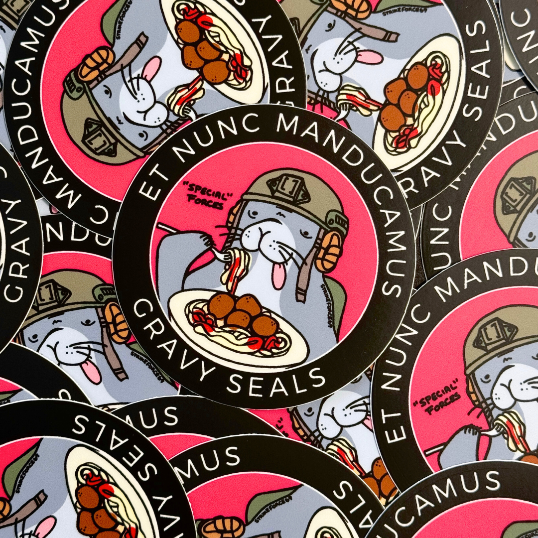 image of sticker for the gravy seals special forces: seal wearing a helmet eating pasta and meatballs with the text "ET NUNC MANDUCAMNUS" and "GRAVY SEALS"