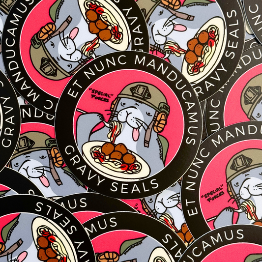 image of sticker for the gravy seals special forces: seal wearing a helmet eating pasta and meatballs with the text "ET NUNC MANDUCAMNUS" and "GRAVY SEALS"