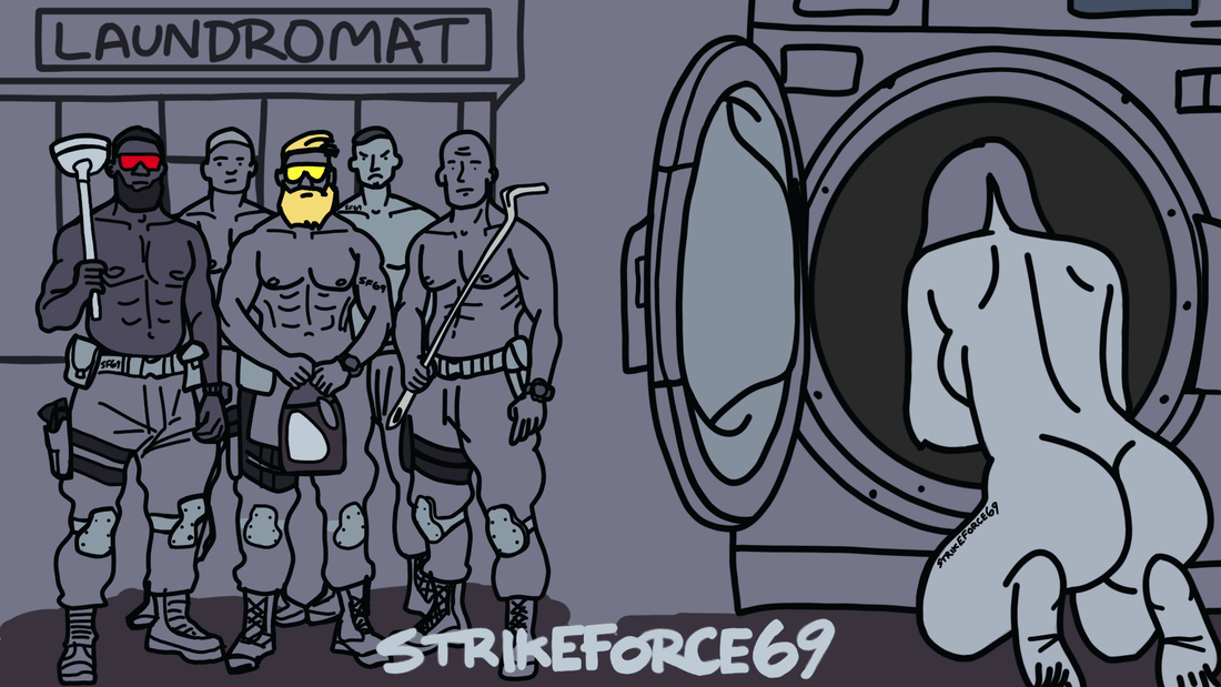 Stepbro Tactical Laundry Extraction Specialists standing in front of a laundromat & woman stuck in drying machine