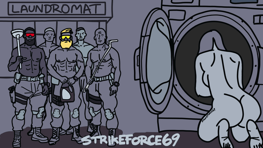 Stepbro Tactical Laundry Extraction Specialists standing in front of a laundromat & woman stuck in drying machine