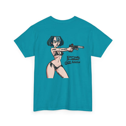 Emotional Support Goth Assassin Gun Girl T-shirt | Original Design Graphic Tee, Anime Pinup Back Print by Strikeforce69 | Printed in the USA