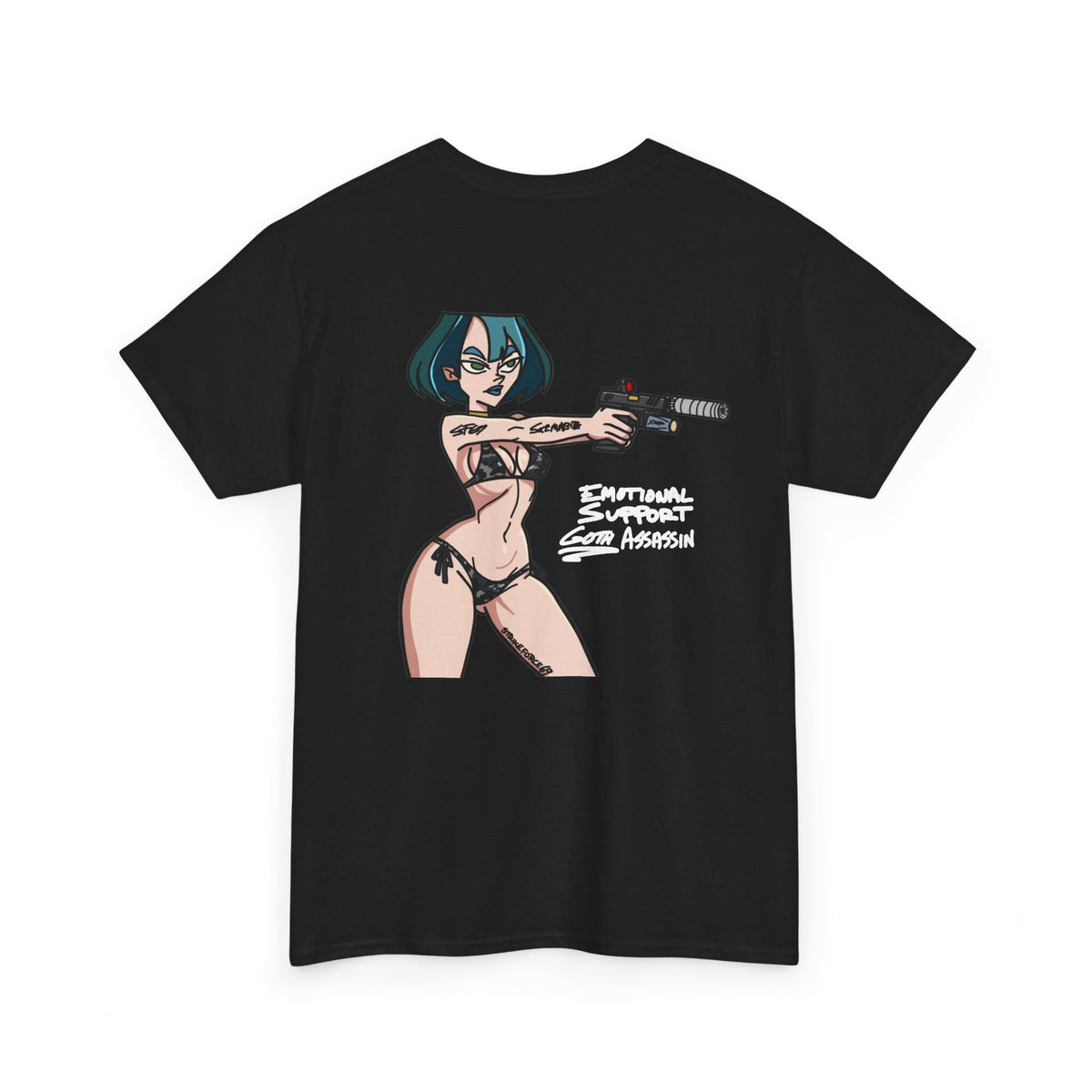 Emotional Support Goth Assassin Gun Girl T-shirt | Original Design Graphic Tee, Anime Pinup Back Print by Strikeforce69 | Printed in the USA