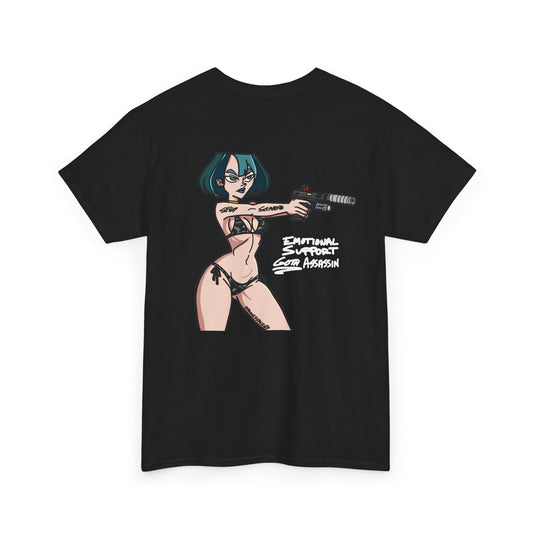 Emotional Support Goth Assassin Gun Girl T-shirt | Original Design Graphic Tee, Anime Pinup Back Print by Strikeforce69 | Printed in the USA
