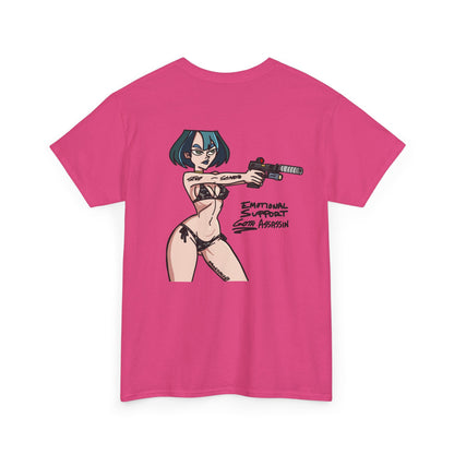 Emotional Support Goth Assassin Gun Girl T-shirt | Original Design Graphic Tee, Anime Pinup Back Print by Strikeforce69 | Printed in the USA