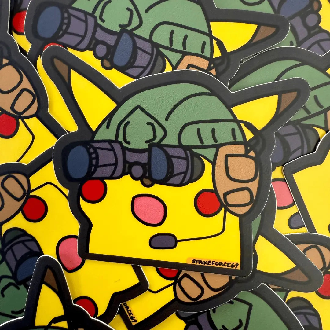 Cartoon character with binoculars on a yellow background, surrounded by similar characters.