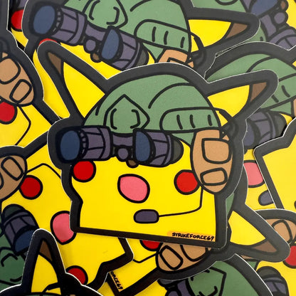 Cartoon character with binoculars on a yellow background, surrounded by similar characters.