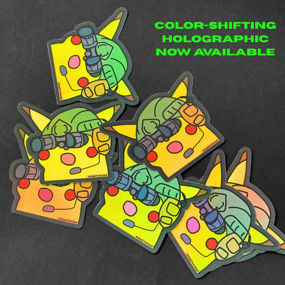 Color-shifting holographic stickers of a character on a dark background with text indicating availability.